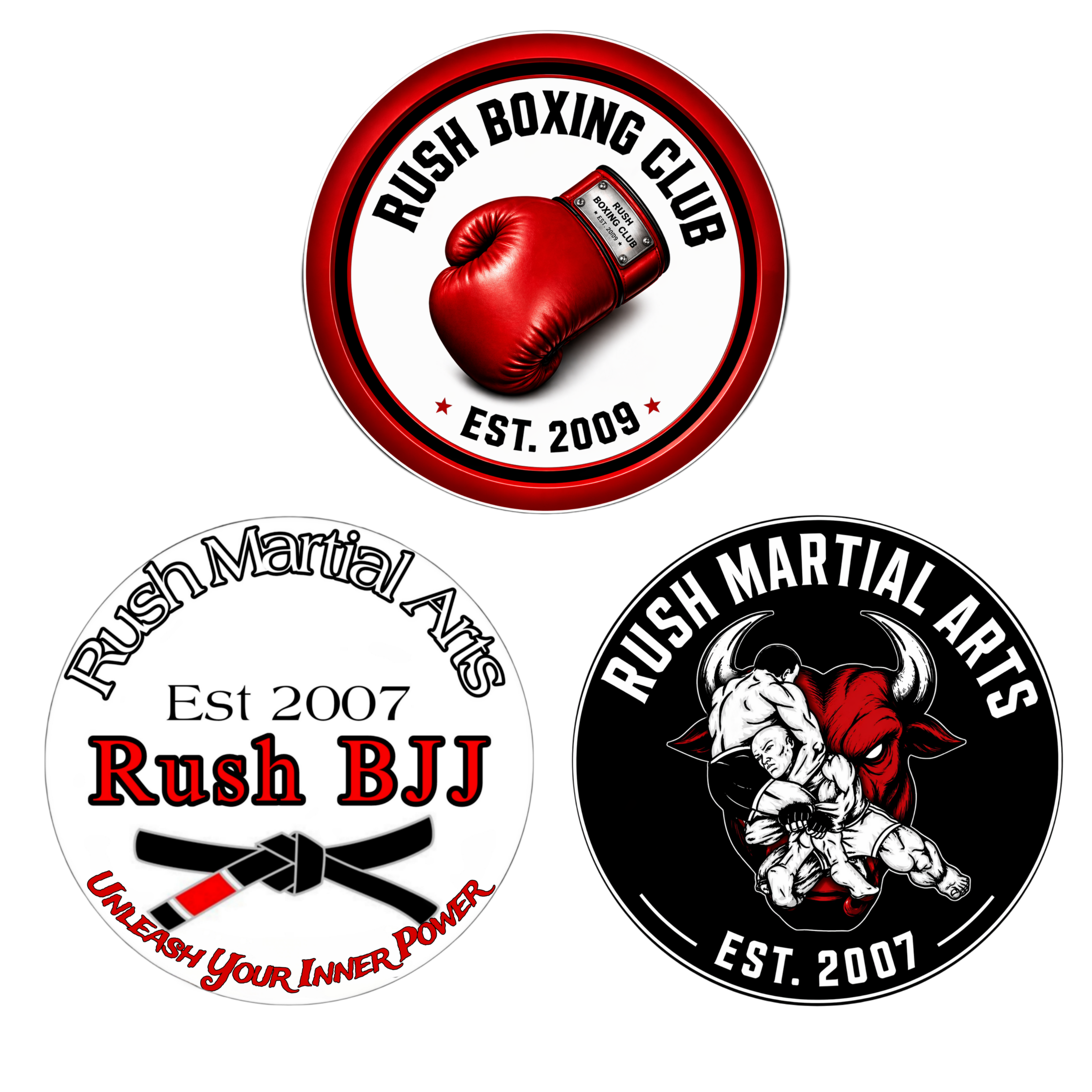 The logos of Rush Boxing Club, Rush BJJ and Rush Martial Arts
